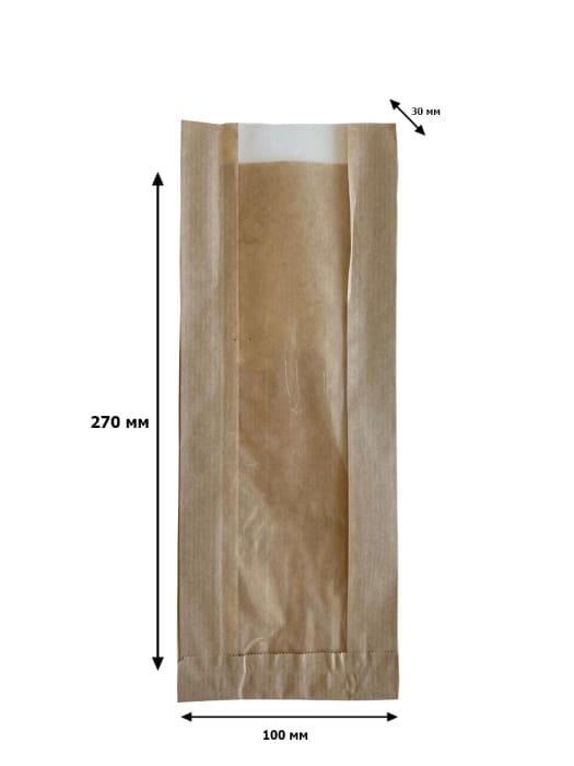 Пакет бумажный 270*100*30 КРАФТ, с окном 30*40, V-дно Пакет бумажный 270*100*30 КРАФТ, с окном 30*40, V-дно